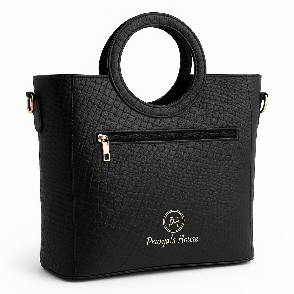 Women’s Black Croco Leather Bag | Round Handle Tote Purse